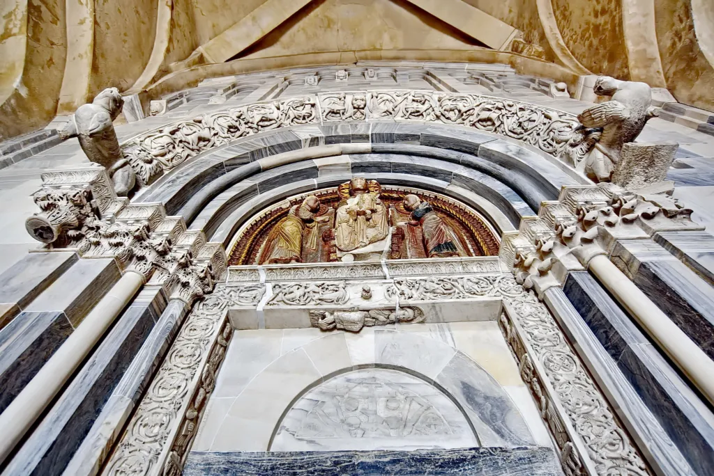 Romanesque stone carving around the entrance door of the Church of the Virgin at Studenica Monastery