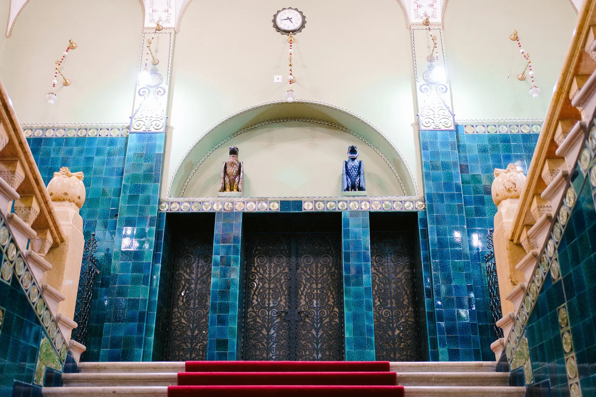 Blue Zsolnay tiles on the ceremonial staircase of Subotica City Hall