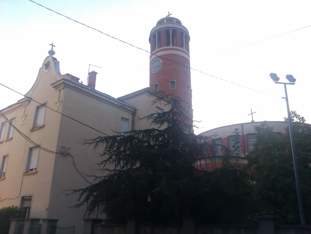 The brick bell tower of the Church of St Anthony of Padua in Belgrade, designed by Jože Plečnik