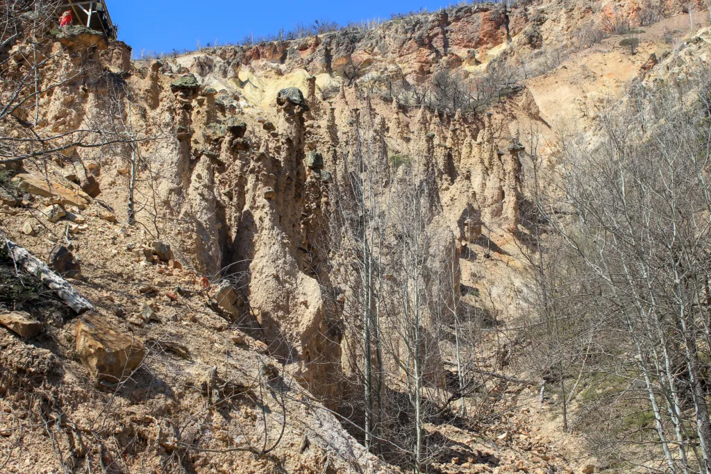 Tall earth pillars on a slope above the forest at Đavolja Varoš