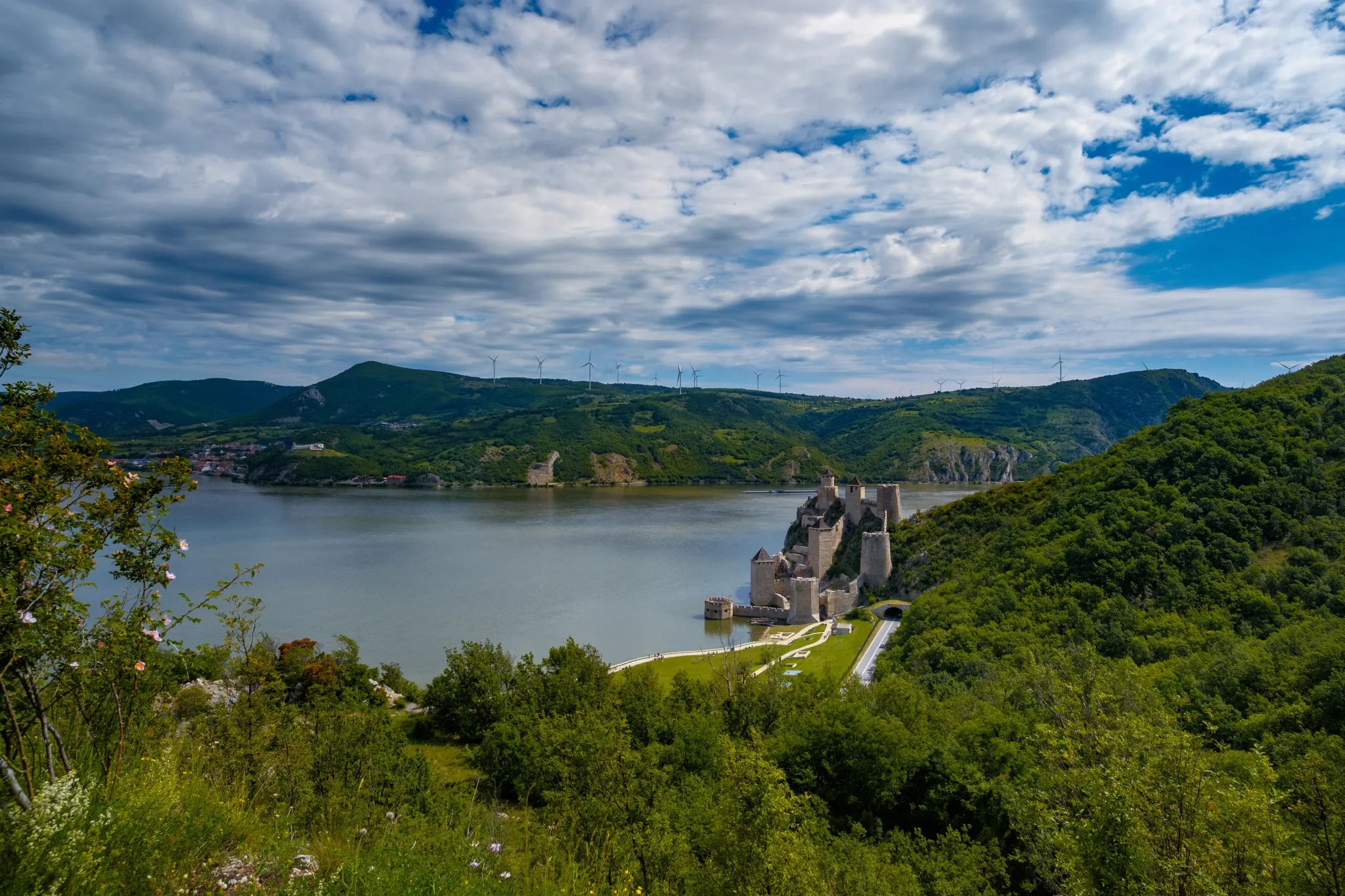 Golubac Fortress and the widening Danube seen from the hillside viewpoint