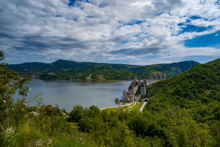 Golubac Fortress and the widening Danube seen from the hillside viewpoint