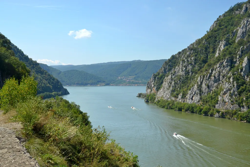 The Danube narrowing between steep forested cliffs in the Iron Gates gorge