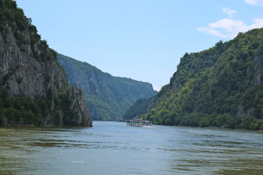 The narrowest point of the Danube between sheer limestone walls in the Iron Gates
