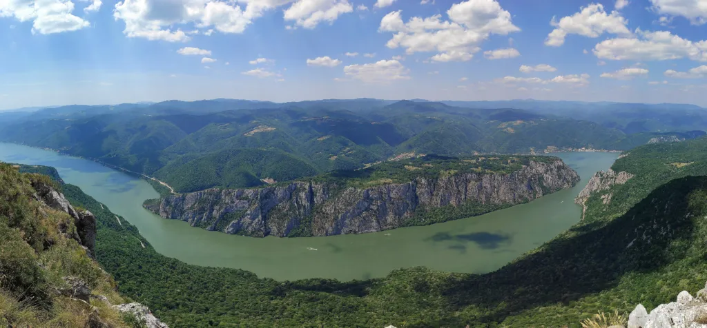 A wide panorama of the Danube bends in the Iron Gates
