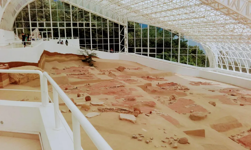 The trapezoid house floors of the Mesolithic settlement at Lepenski Vir under the protective roof