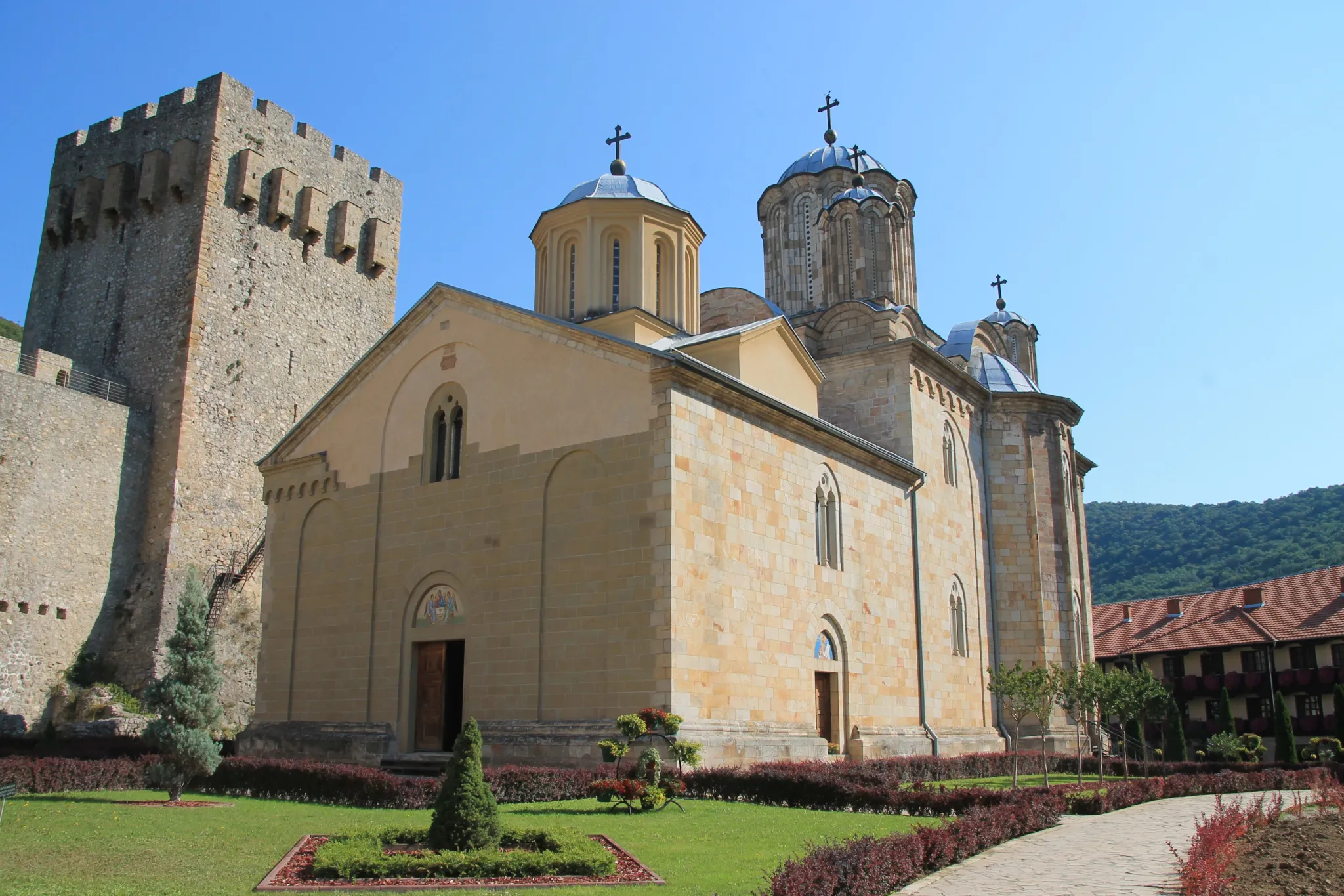 The Church of the Holy Trinity of Manasija Monastery inside its towered fortress walls