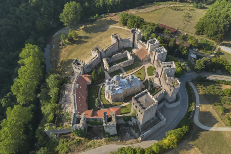 Aerial view of Manasija Monastery’s towered fortress walls in the Resava valley