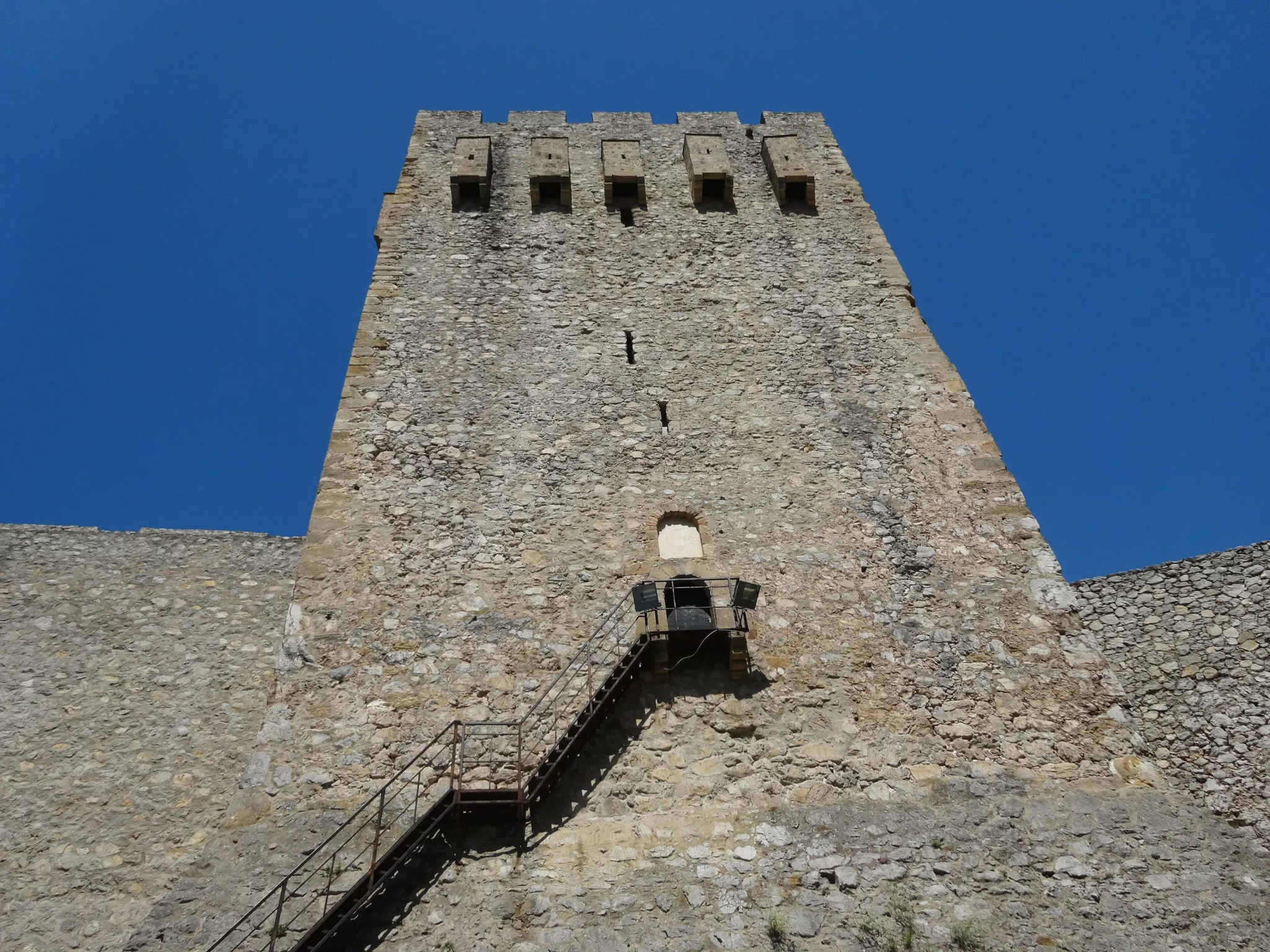 A massive square tower of the Manasija Monastery fortress walls