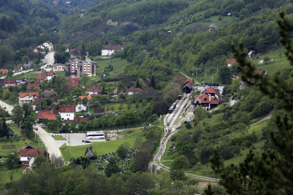 The village of Mokra Gora and its railway station seen from the hillside