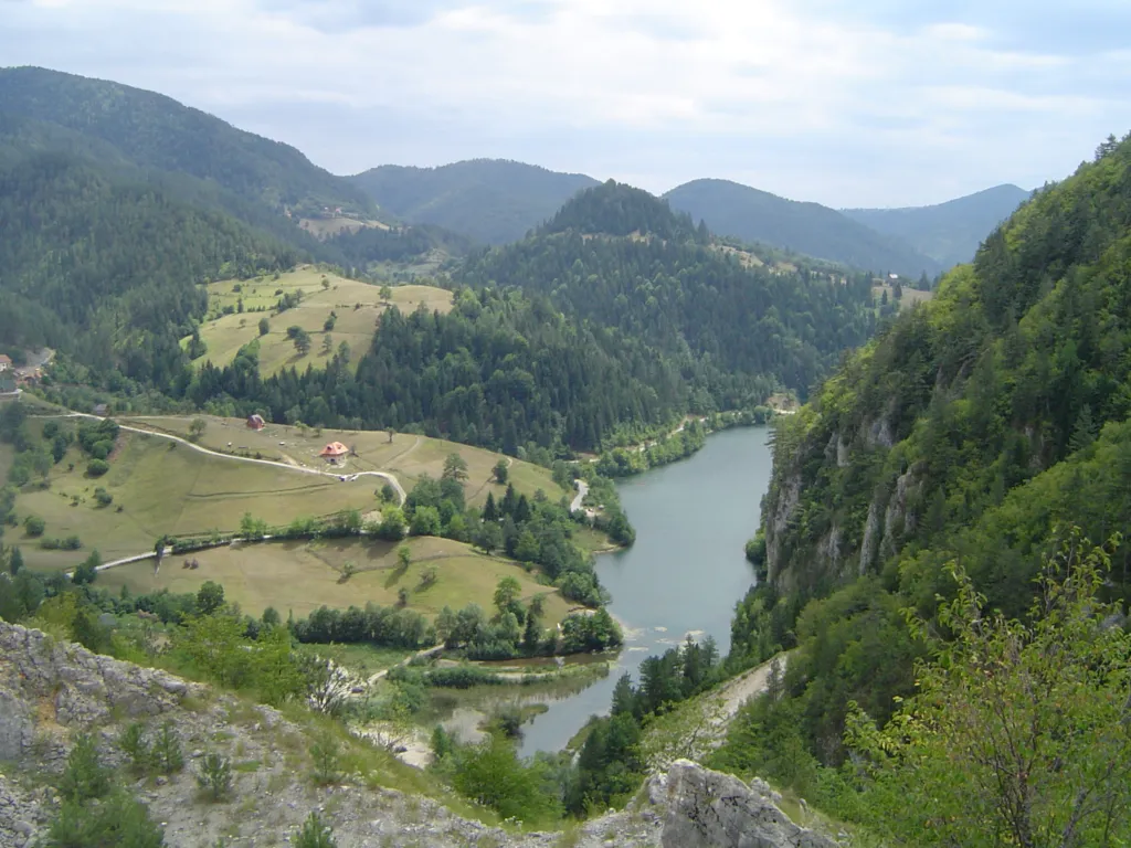 Forested ridges and meadows above the arm of Zaovine Lake on Tara