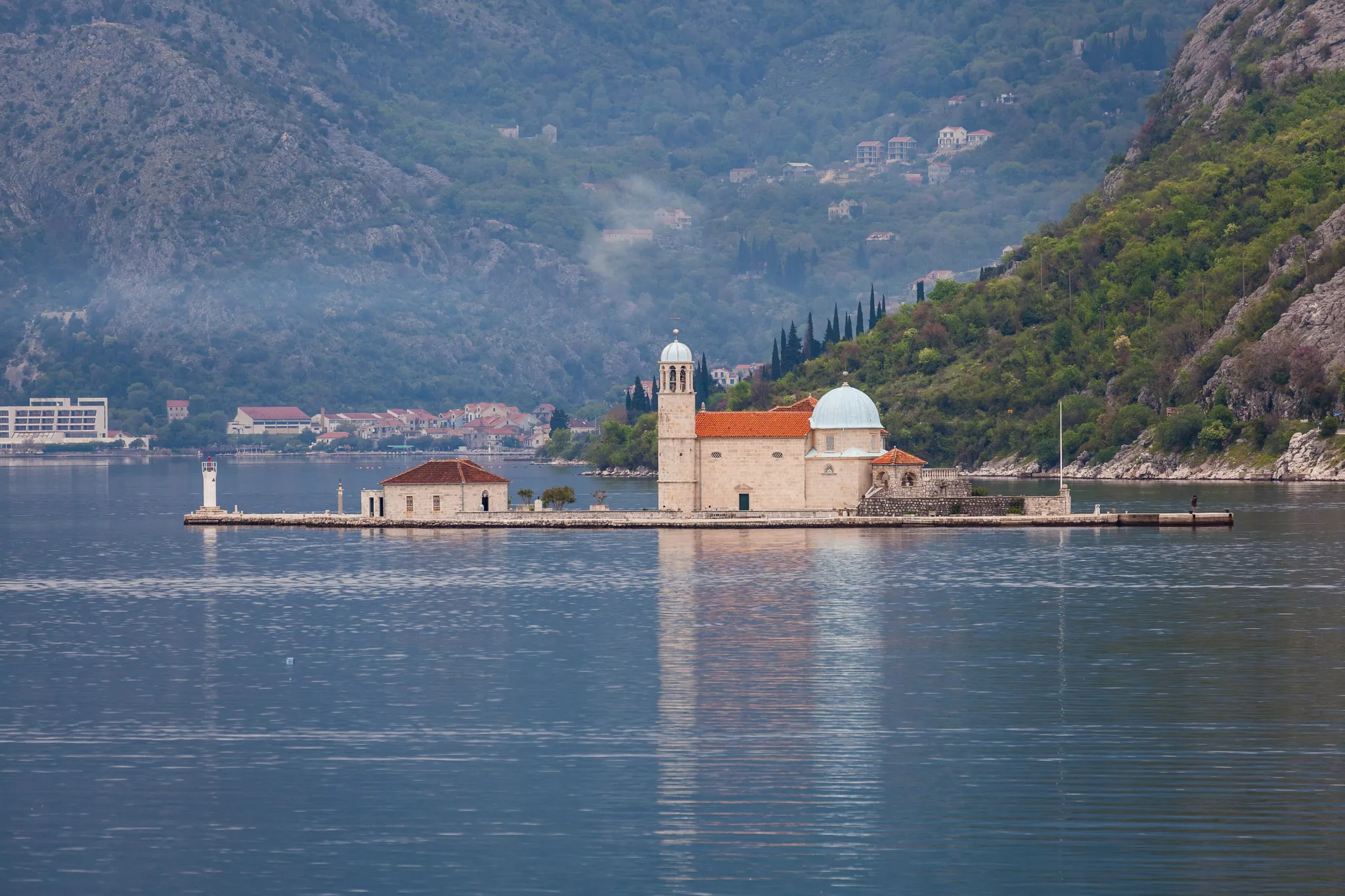 The church of Our Lady of the Rocks on its islet in front of Perast, Bay of Kotor