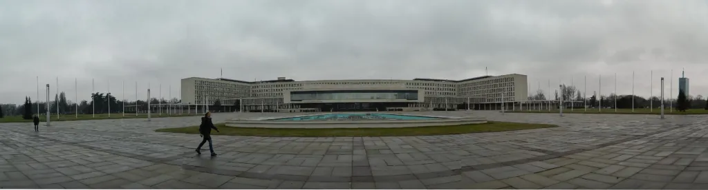 The long modernist Palace of Serbia, the former federal government building in New Belgrade