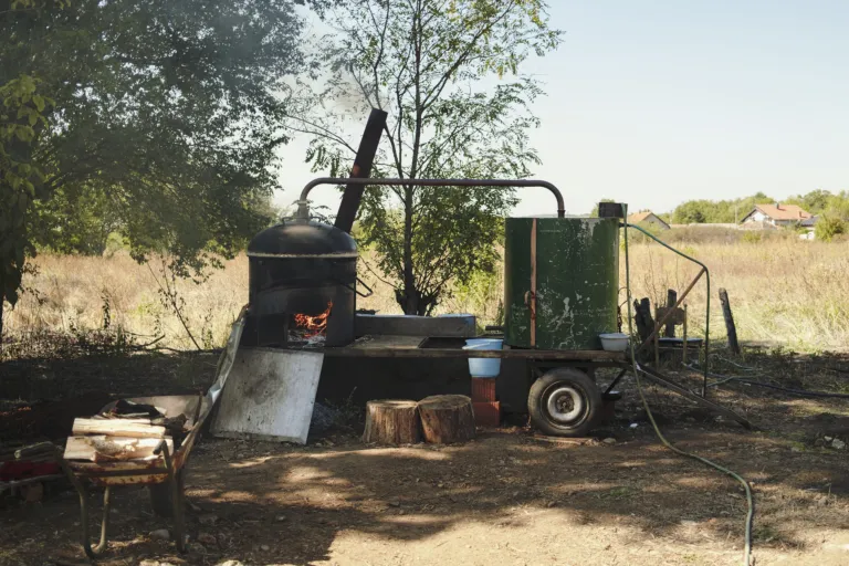 A traditional rakija still steaming in a village farmyard