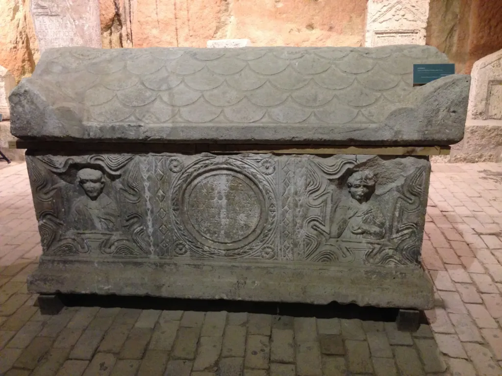 A carved Roman sarcophagus in the old gunpowder magazine of Belgrade Fortress