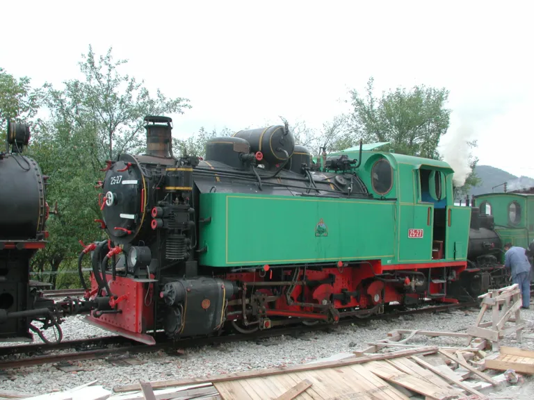 A green narrow-gauge steam locomotive of the Šargan Eight at Mokra Gora