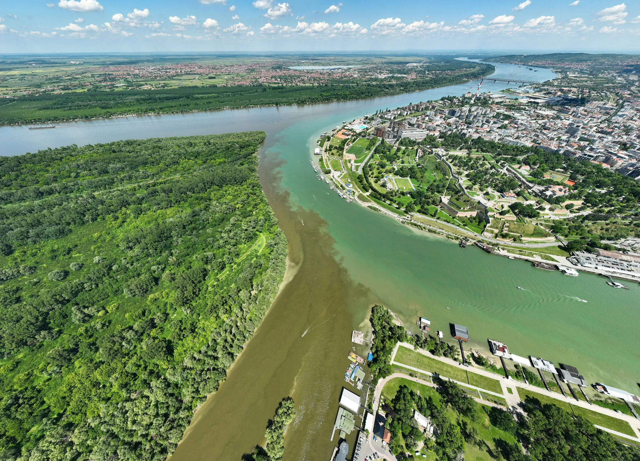 Aerial view of the confluence of the Sava and the Danube at Belgrade