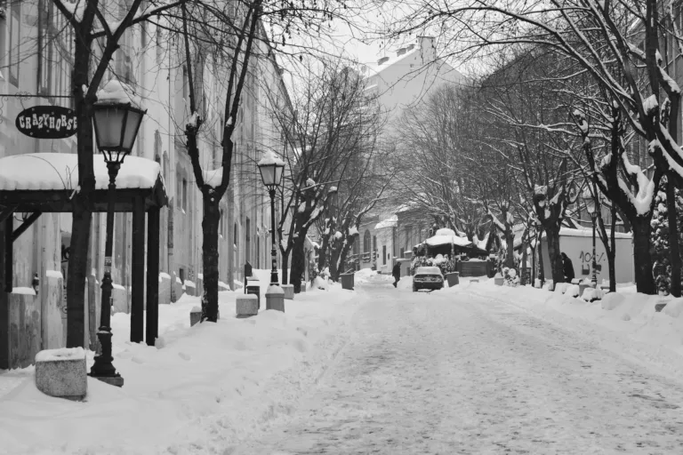 Snow on the cobbles and lamps of Skadarlija in Belgrade