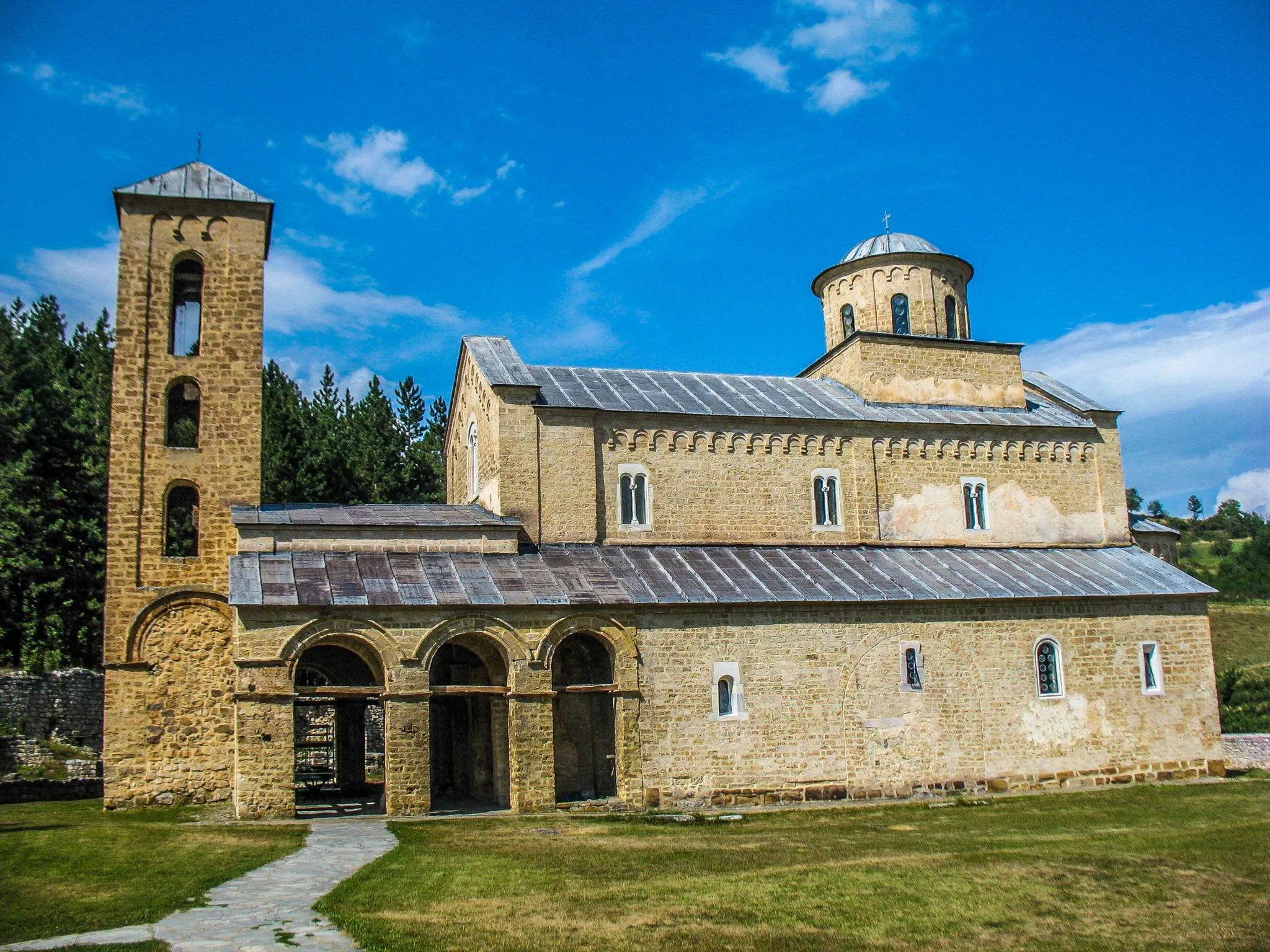 The church and bell tower of Sopoćani Monastery in the Raška valley