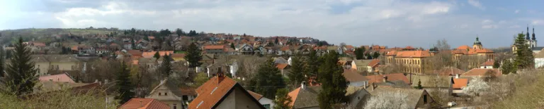 Red roofs and church towers of Sremski Karlovci below the Fruška Gora hills