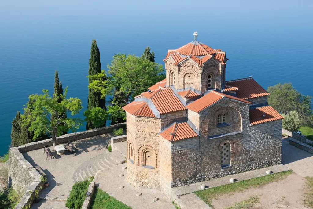 The medieval church of St John at Kaneo on a cliff above Lake Ohrid