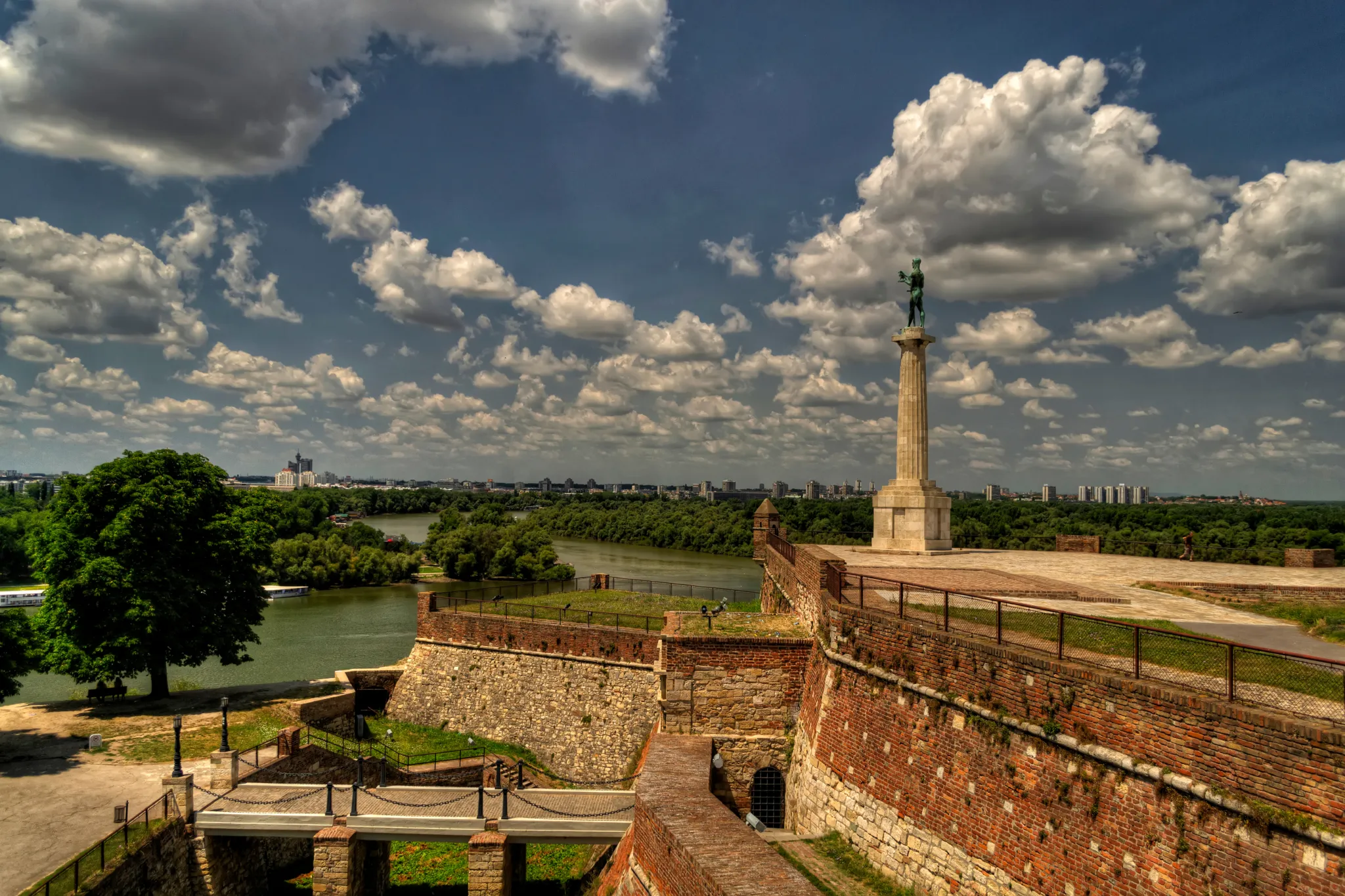 The Pobednik monument on its column above the walls of Belgrade Fortress, Kalemegdan