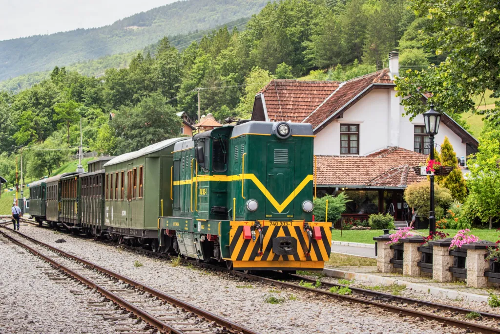 The Šargan Eight heritage train waiting at a station in Mokra Gora