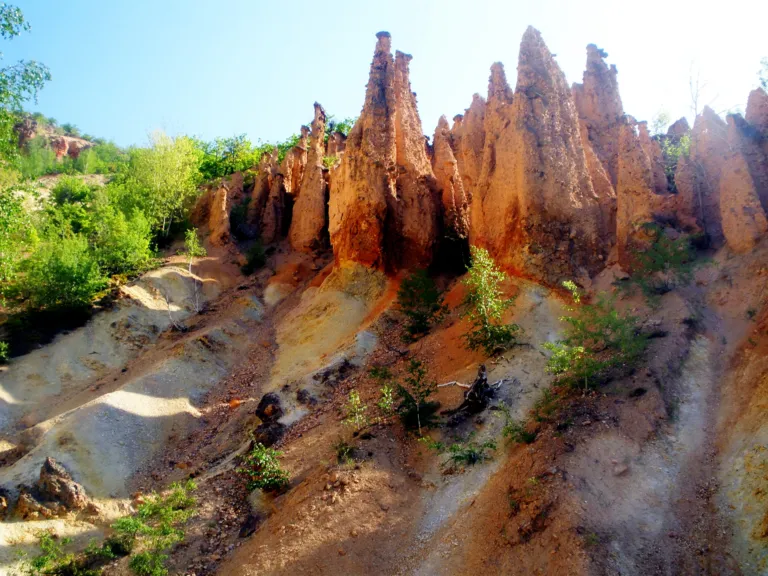 Reddish earth pillars of Đavolja Varoš among green shrubs, seen close up