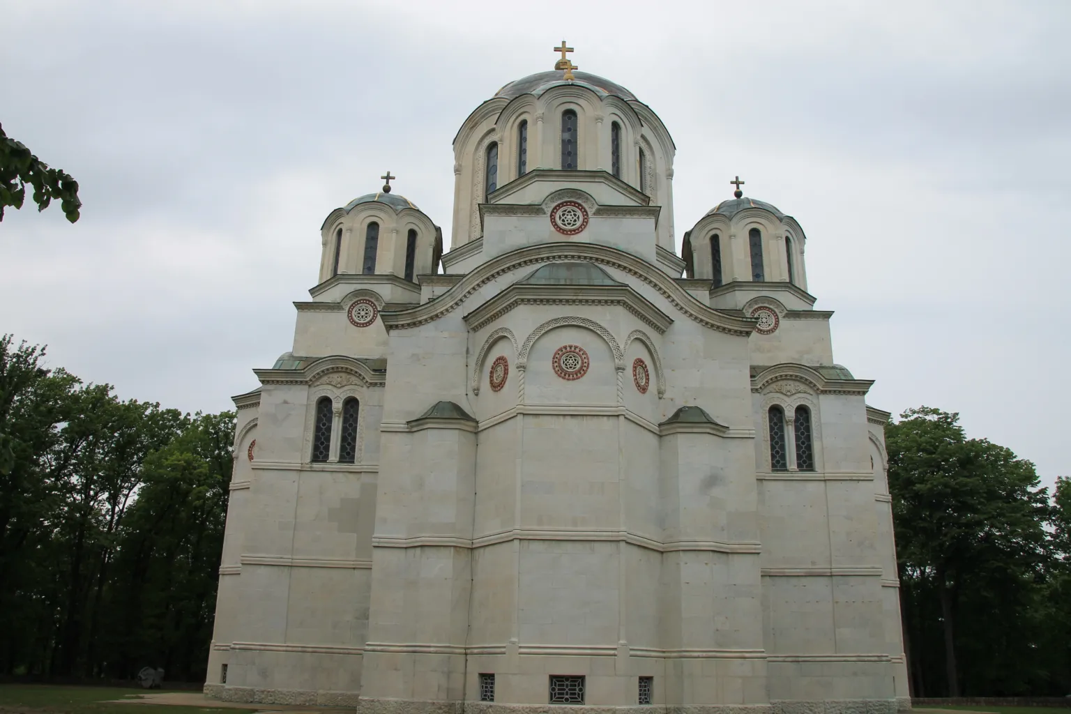 The white marble St George’s Church on Oplenac hill in Topola