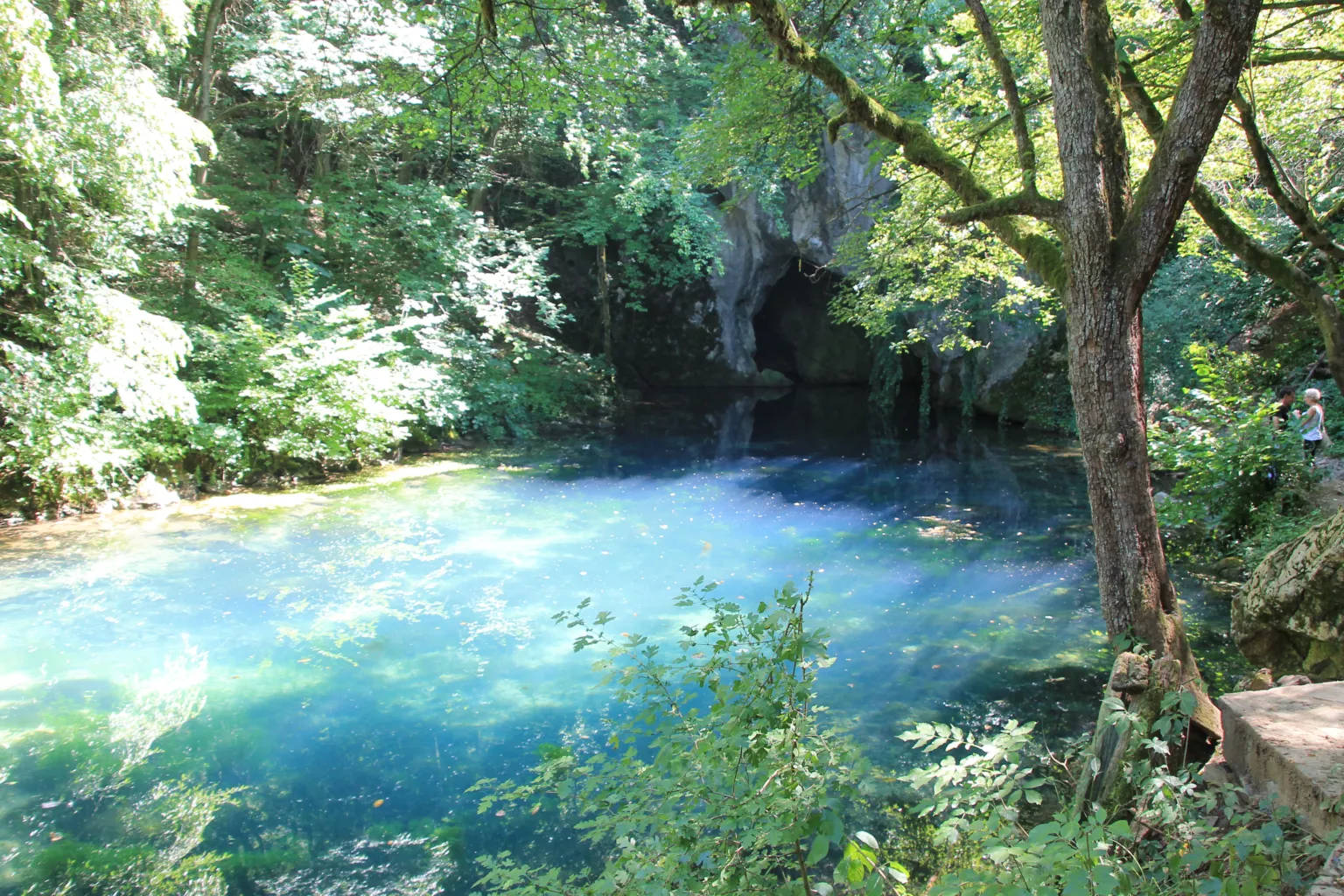 The clear blue pool of Krupaj Spring below a cave mouth in the woods