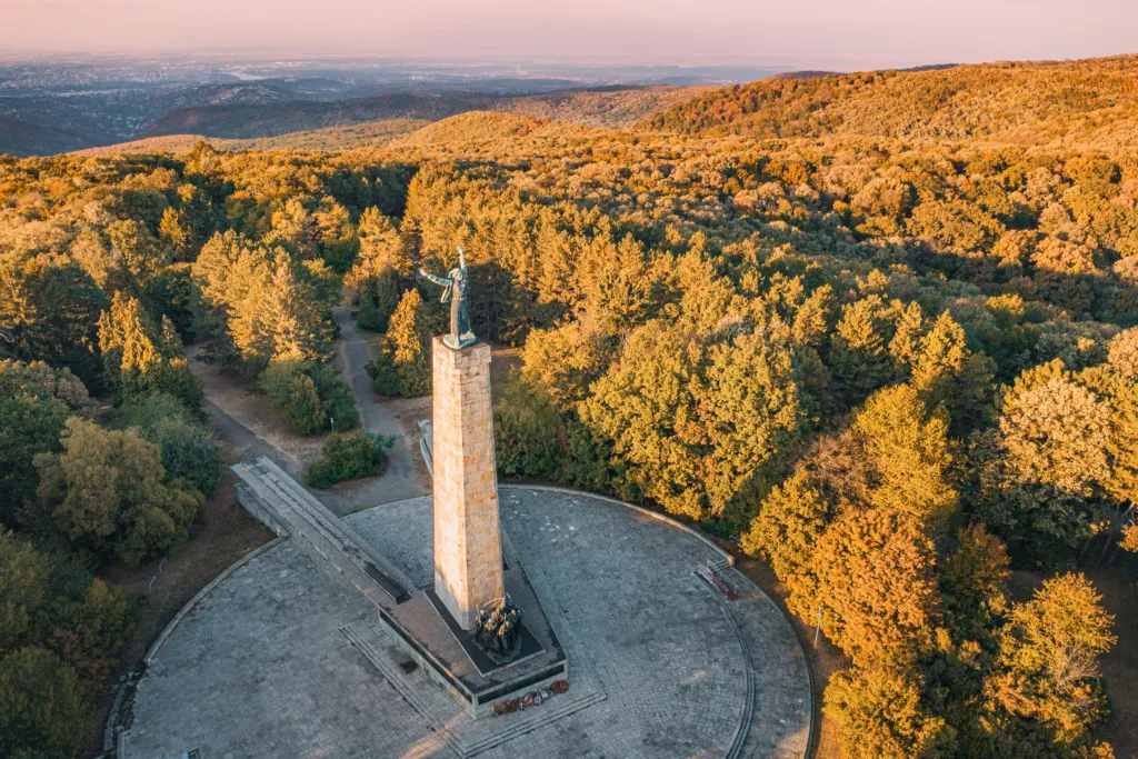 Aerial view of the Iriški Venac memorial among the autumn forests of Fruška Gora