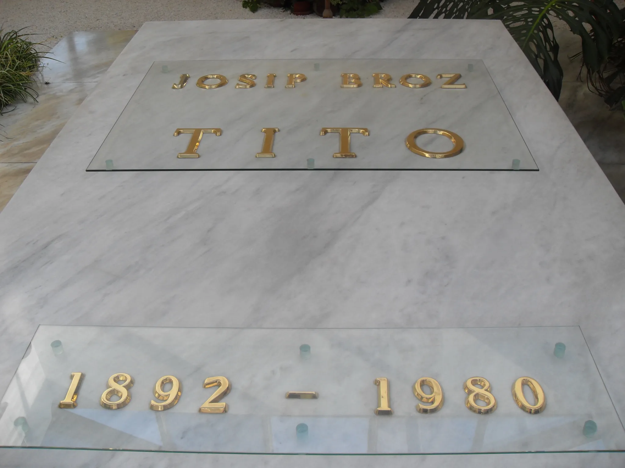 The white marble tombstone of Josip Broz Tito in the House of Flowers, Belgrade