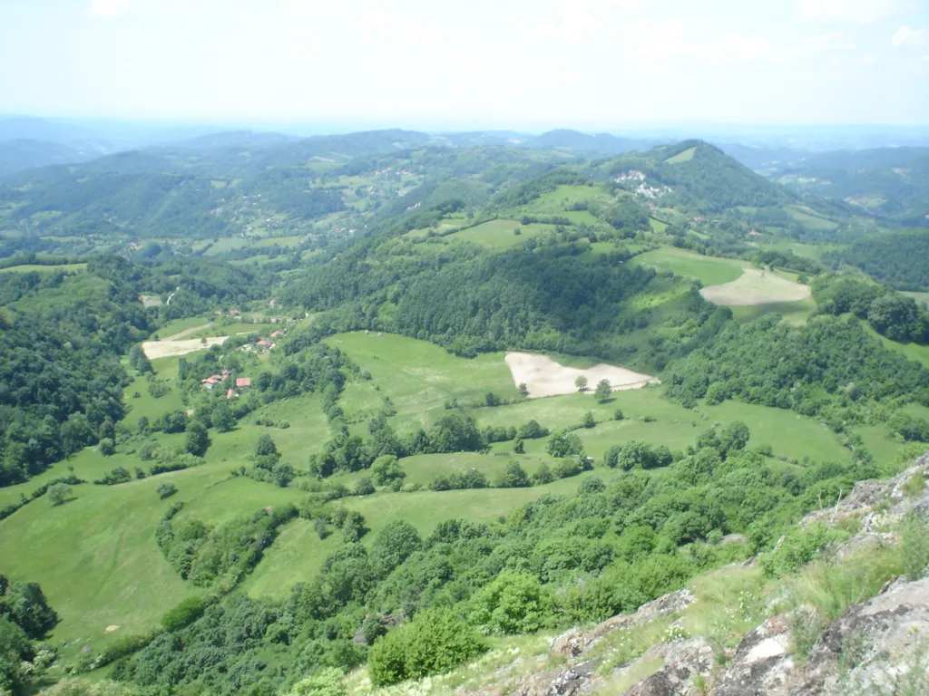 Rolling hills, fields and woods of Šumadija seen from the Ostrvica peak on Rudnik